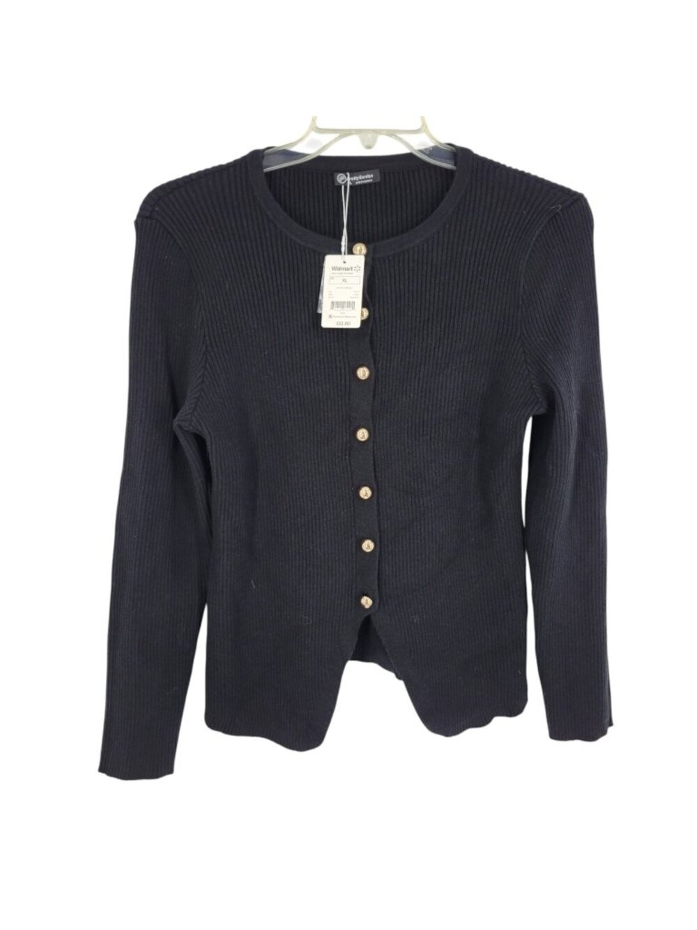 PrettyGarden XL Black Ribbed Knit Cardigan Gold Button Minimalist Sweater Preppy